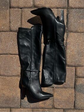 Reiss Black Tall Pointed Toe Stacked Heel Boots